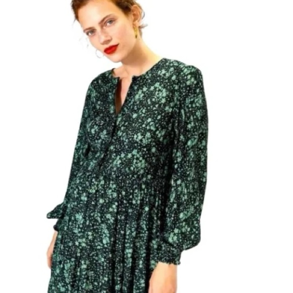 ZARA The Angel Green Midi Dress, Tiered Floral, Size XL